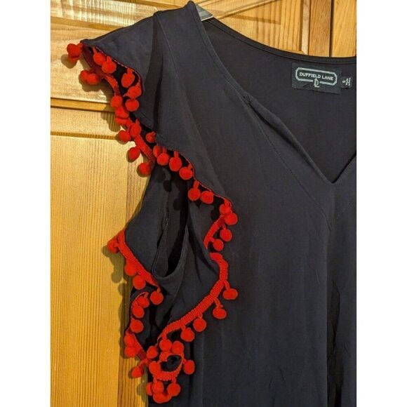 Duffield Lane‎ Pom Pom Shift Dress Size Small Navy Blue Red Vacation Resort Wear - Picture 1 of 6